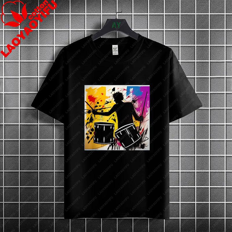 Rock Music Skeleton Drummer  Rock on Drum Kit Graphic Tshirt 100Cotton Short Sleeve Round Neck Humor Style Casual Tshirt