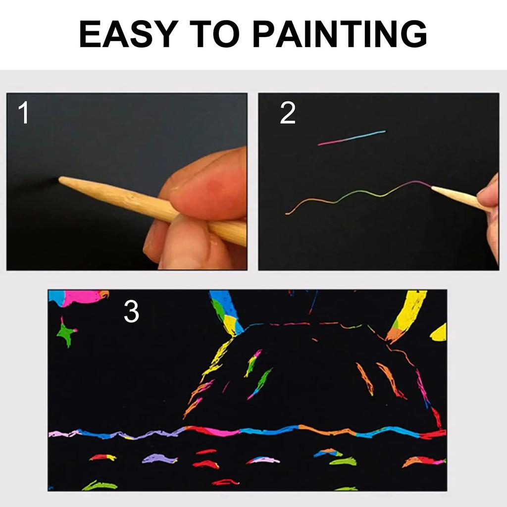 2 Pack Rainbow Scratch Paper Children's Art Book Black DIY Rainbow Art Paper Card Neon Scratch Book with Wood Stick