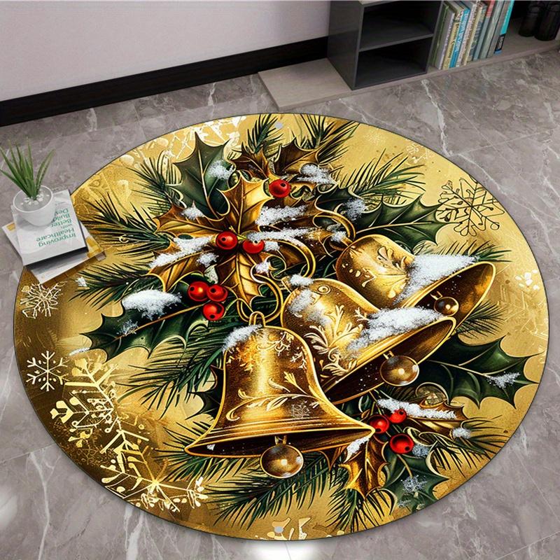 Christmas Santa Round Mat Stained Glass Border Santa Reindeer Xmas Tree Moon Festive Circular Decor Rug Living Space Decor