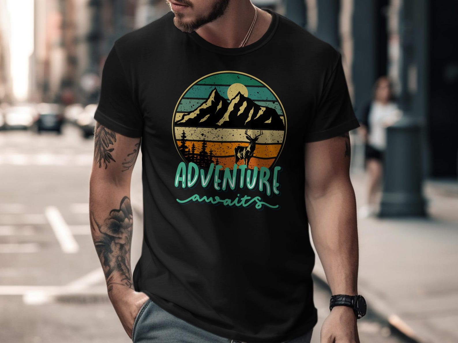 Outdoor Adventure Awaits Vintage T-Shirt, Mountain Deer Nature Graphic Tee for Hikers Camper L