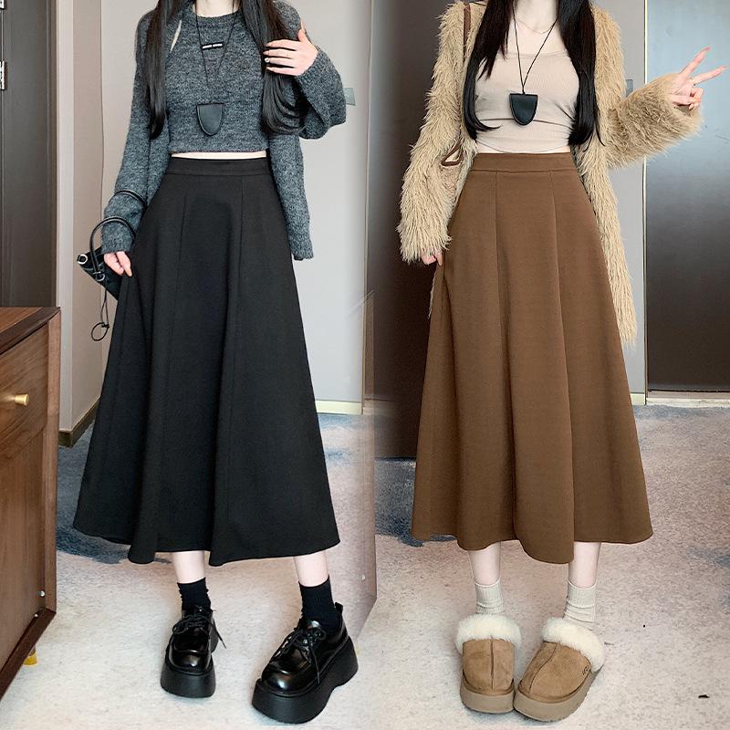 Plus Size Women's Korean Wool Flare Umbrella Skirt - High Waist A-Line for Autumn/Winter