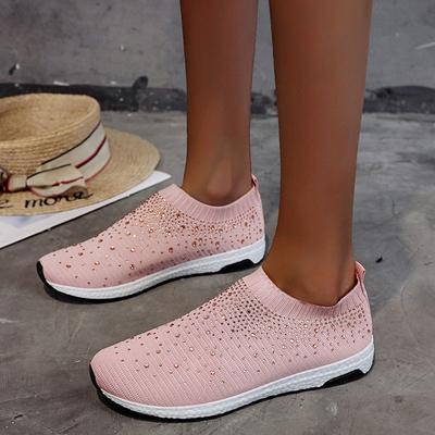 Amazon Large Size Fly-Woven Light Mouth Versatile Rhinestone Flat Bottom Women'S Sports Shoes Mixed Batch