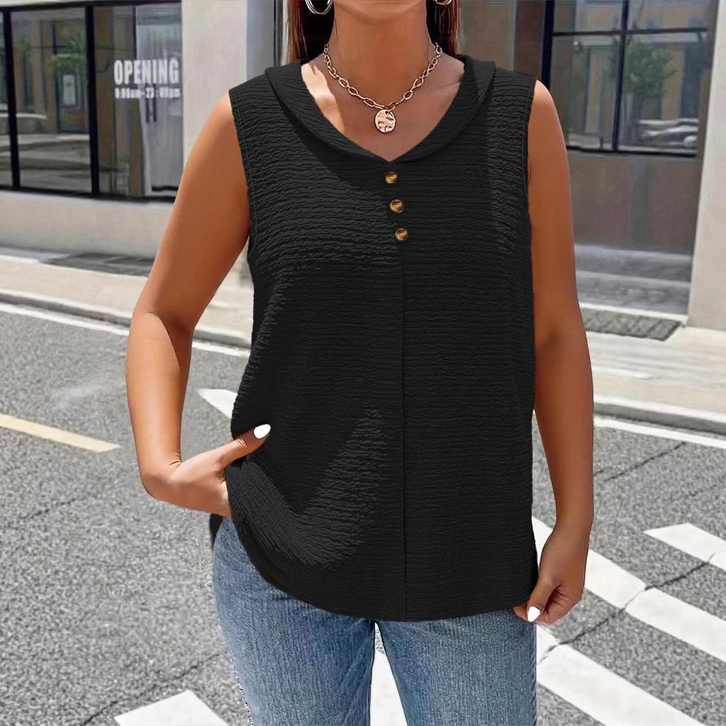 2026 Women's Plus Size Solid Color Pleated Fabric Vest with Doll Collar and Buttons