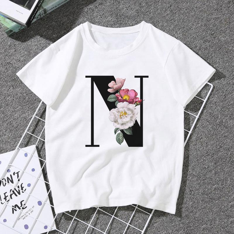 A B C D E English Alphabet Print T Shirt Women Short Sleeve Couples Lovers Female