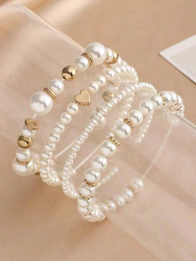 Women Elegant Faux Pearl Beaded Bracelets Combination Fashion Party Accessories