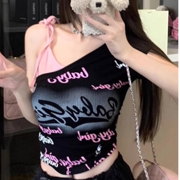 Dámské Y2K Style Slim Fit Tričko se vzhledem dvoudílného setu s potiskem písmen - Letní top s krátkým rukávem