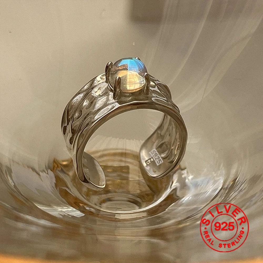 

BFCLUB Silver Color Personality Moonstone Wide Adjustable Retro Ring Fine Jewelry For Women Party Elegant Accessories
