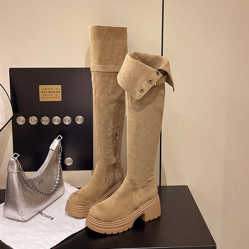 

6300-1 Huiliya детские ботфорты на высоком каблуке, длинные сапоги, на толстой подошве и толстом каблуке, новинка 2025 года, осень-зима, тонкий высокий голенище 39 хаки