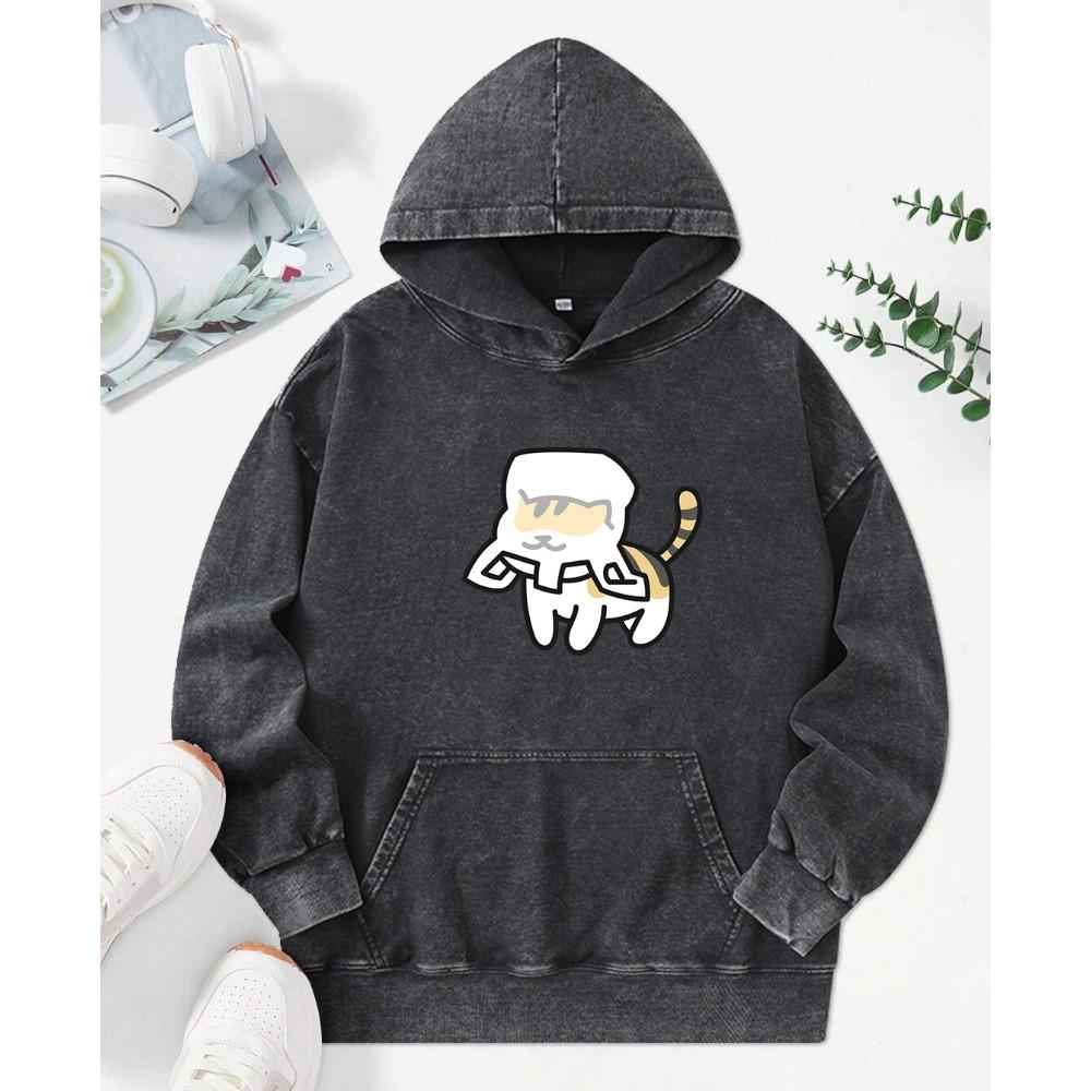The Cat'S Head Is Wrapped In A Bag Printed Women Washed Hoodie Street Hoody Loose Pocket Tops Cotton Pullovers