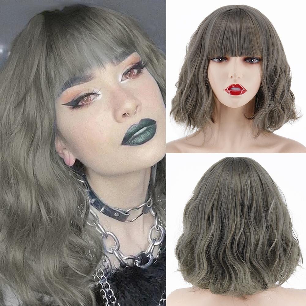 MERISIHAIR Korte platina Bob syntetiske parykker Blond Ombre Bølget parykk Mørke røtter med smell for kvinner Daglig slitasje