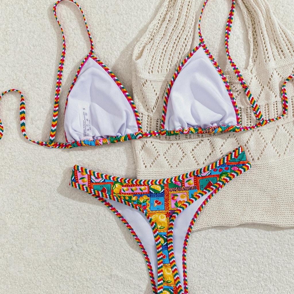 Set Bikini a Triangolo con Stampa Donna Leopardato Pois Stampa Frutta Bordi a Contrasto Laccetti Laterali Sexy Sfacciato Costume da Bagno Estivo da Spiaggia