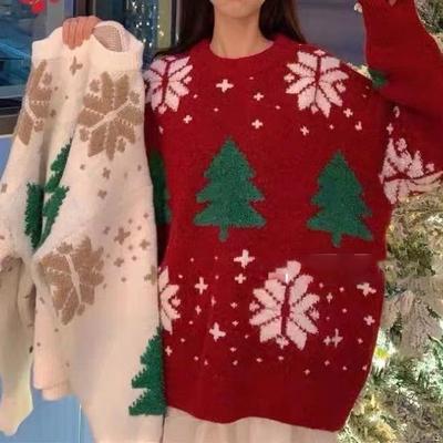 Suéter Feminino Casual de Outono e Inverno com Floco de Neve para Casal, Solto, Vento Preguiçoso, Quente, Jaqueta Tricotada