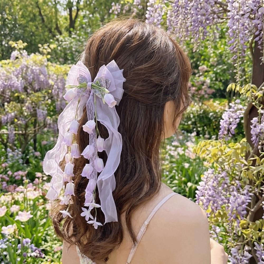 Sequin Tulle Bow Hair Clips Sweet Lolita Dress Hair Accessories Bell Orchid Ribbon Barrettes Prom