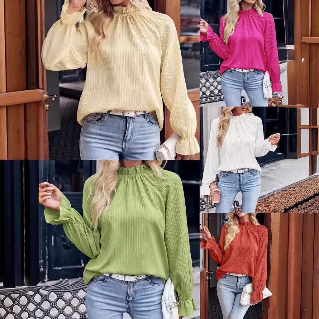 2024 Spring/Summer Women's Solid Color Commuter Loose Long Sleeve Shirt with Ruffled Collar