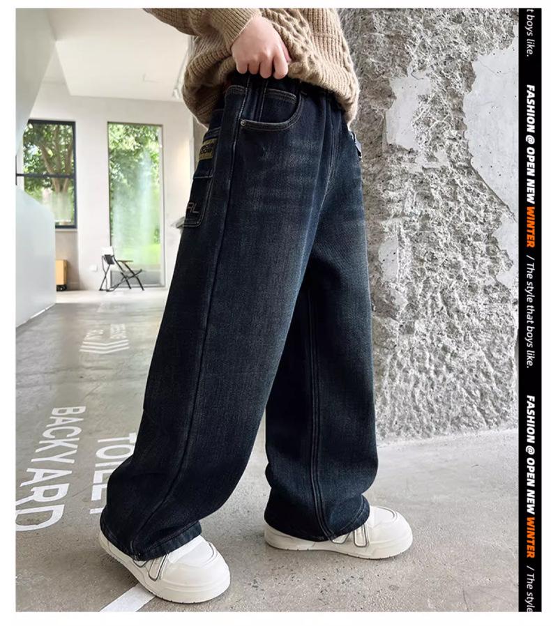 2025 Blugi pentru Băieți Mărimi Mari cu Căptușeală Fleece cu Croială Dreaptă pentru Adolescenți Supraponderali – Pantaloni Lungi de Primăvară și Toamnă Pantaloni la Modă