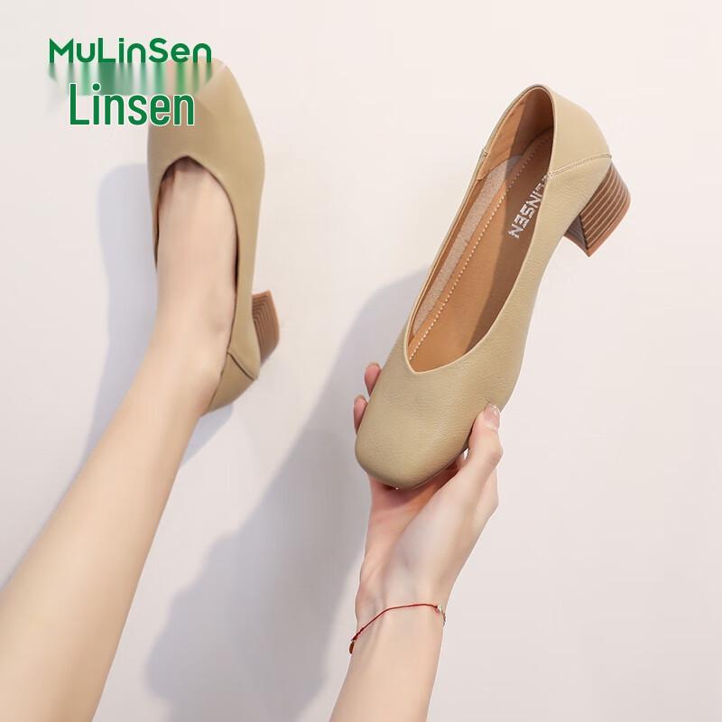 MulinSen Women s Square Toe Chunky Heel Low-Cut Casual Shoes 37