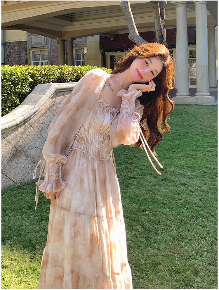 Women's Floral Chiffon Puff Sleeve Dress - French Square Neck, Spring/Autumn Fairy Mori Girl Style