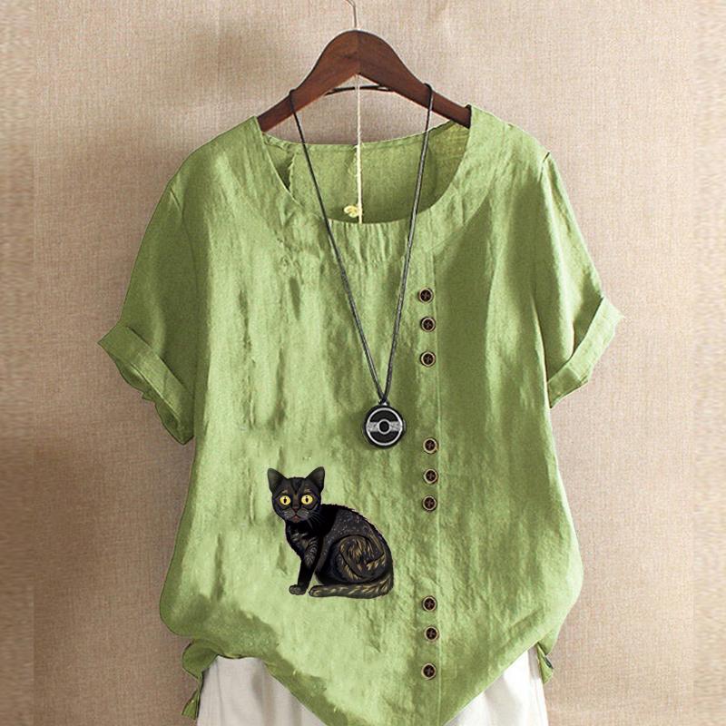 

Женская модная футболка с круглым вырезом и короткими рукавами с принтом «черный кот», повседневная хлопково-льняная рубашка с рисунком, свободная летняя блузка для отдыха, топы 5XL зелёный