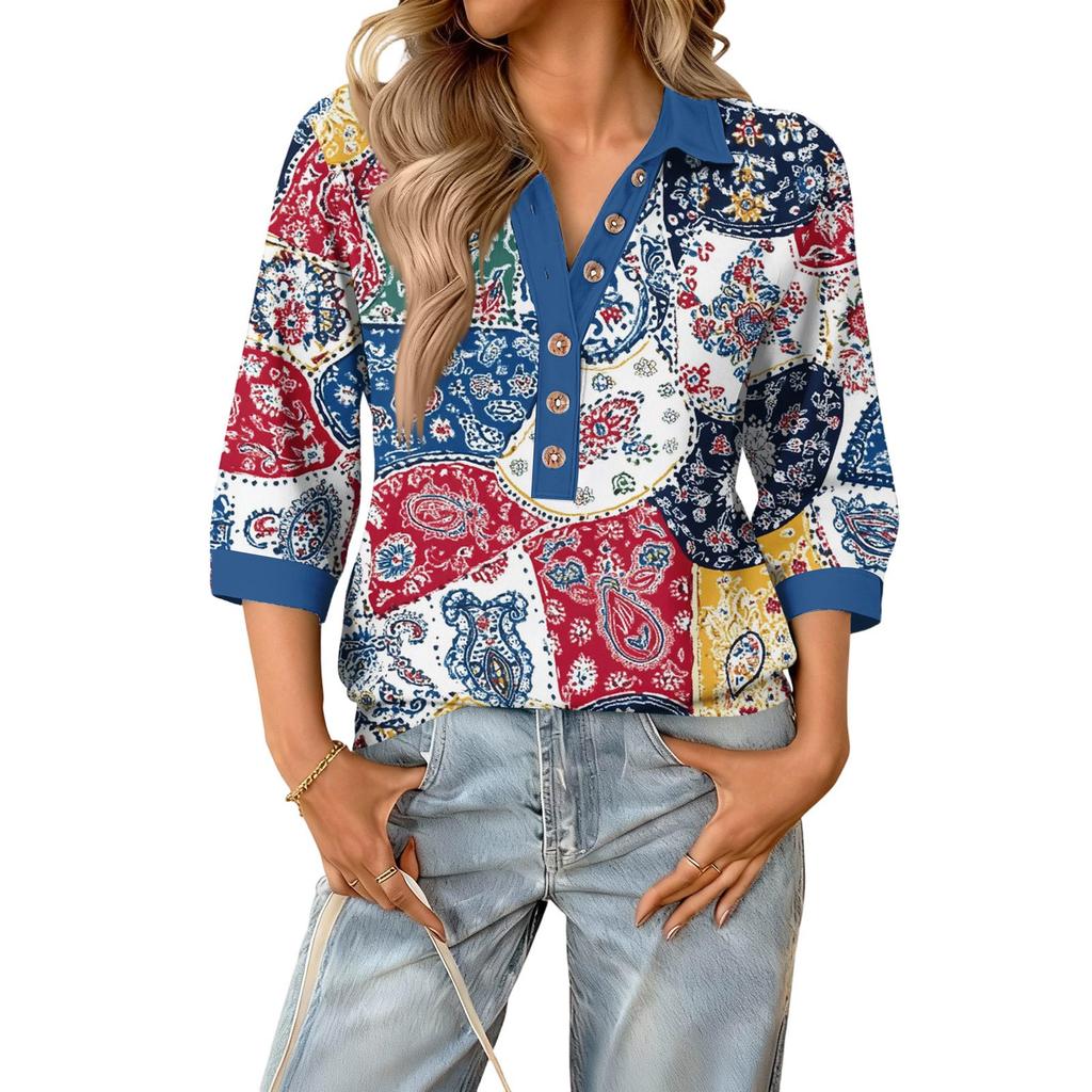 Damen modisches und lässiges Sommer V-Ausschnitt Patchwork Dreiviertelarm Blumenoberteil