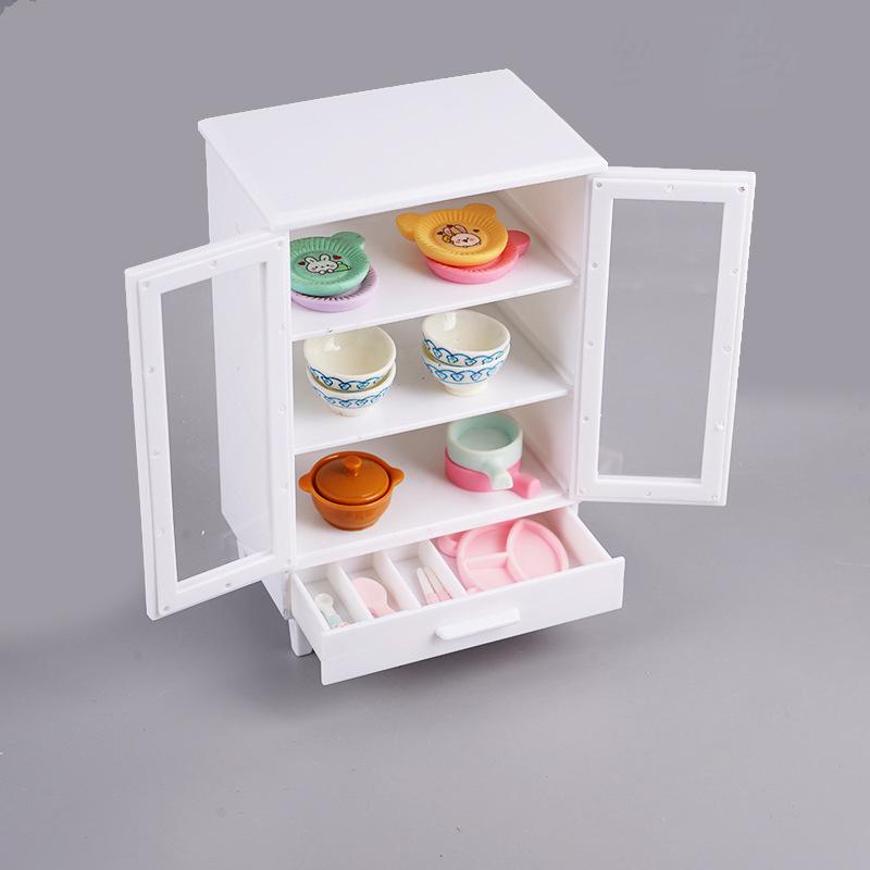 1Set Miniature White Cupboard Display Cabinet Storage Lockers +ornament Furniture Model Decor Toy DollHouse Accessories