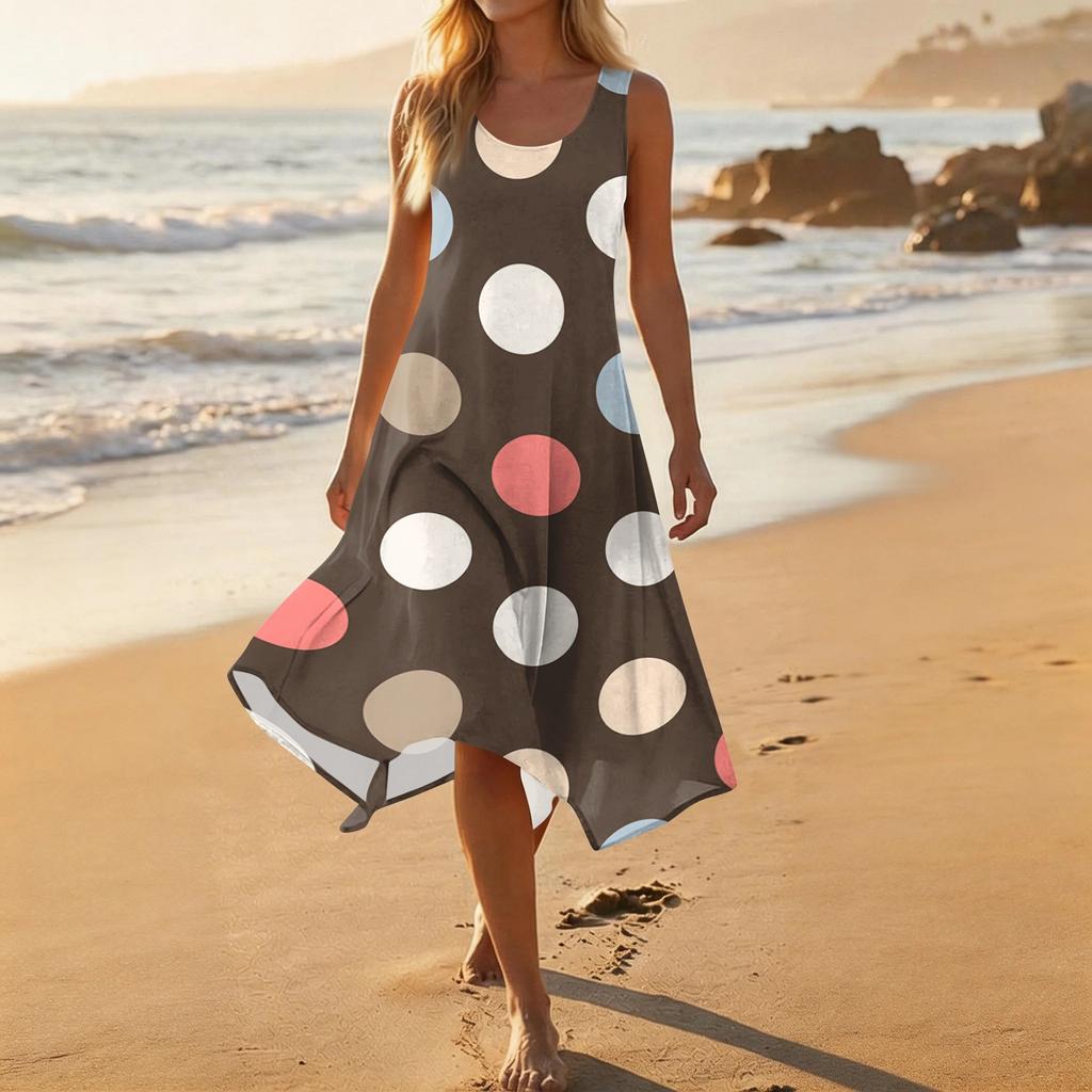 Women Sleeveless Polka Dot Print Midi Dress Crew Neck Casual Loose Fit Asymmetrical Hem Lightweight Sundress