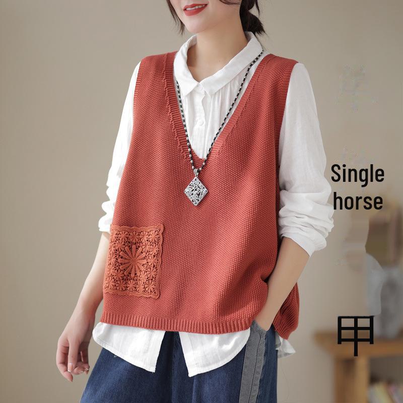 "Spring 2024 Women's Knitted Sleeveless Lace-Trim Vest – Solid Color Casual Top"