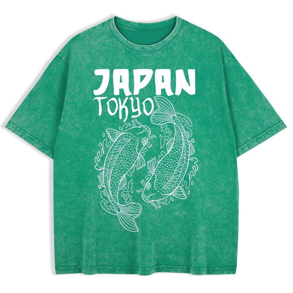 Japanese Koi Harajuku Printed Washed T-Shirts Mens Cotton Oversize T Shirt Summer O-Neck Short Sleeve Tops Clothes