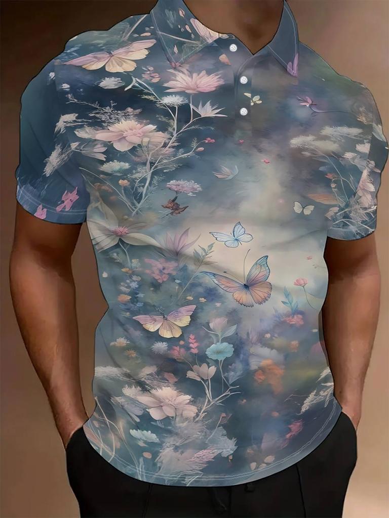 Men's Short-Sleeve Polo Shirt with Full-Body & Flower Print - Button-Up Lapel Collar, Lightweight Summer Casual Shirt Suitable for Beach Vacations,