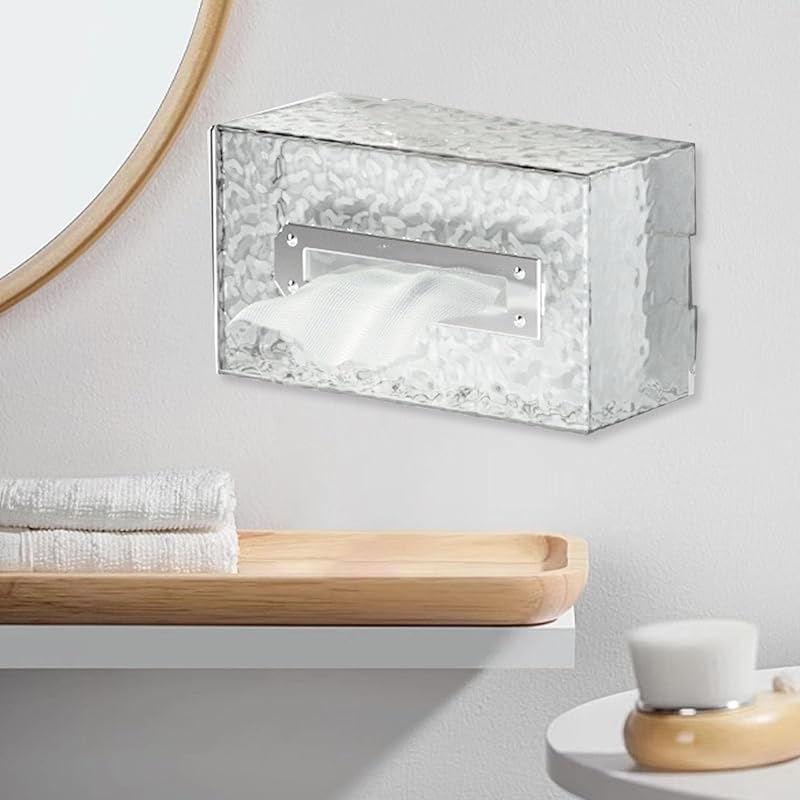 Tissue Box, Wall Mounted Tissue Box Cover Clear Plastic Napkin Holder Rectangular Facial Tissue Dispenser for Bathroom(Silver)
