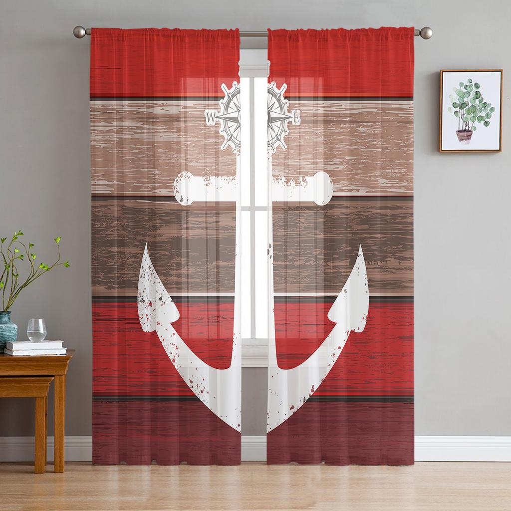 Vintage Farm Barn Wood Grain Boat Anchor Sheer Curtains for Living Room Modern Bedroom Voile Tulle Curtain Window Drapes