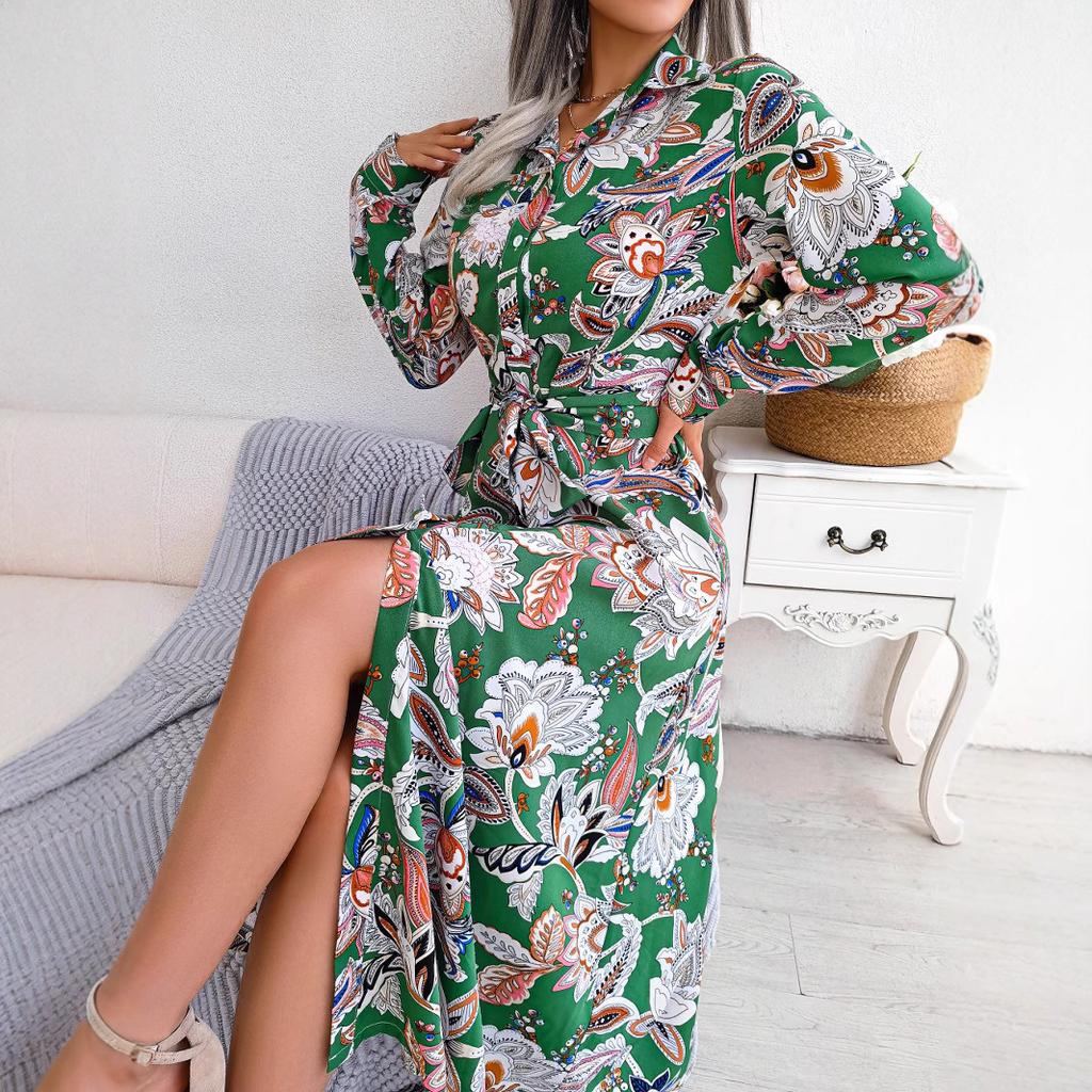 Spring and Summer Retro Flower Lapel Tie Shirt Dress Long Dress Women's Clothing