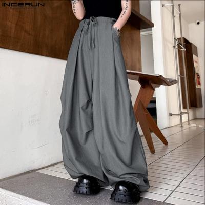 Men Back Elastic Waist Ruffled Casual Long Wide Legs Pants with Pockets