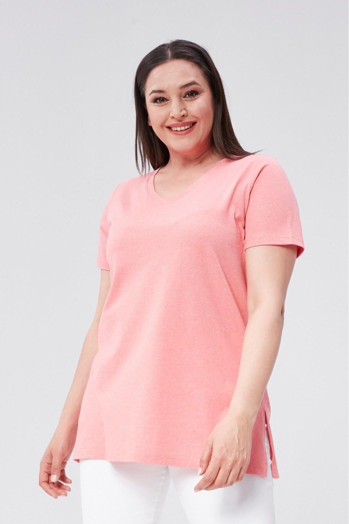 

Women s Style Big Size T-Shirt Plus Size V-Neck Slit Cotton Basic Tshirt-Coral XL