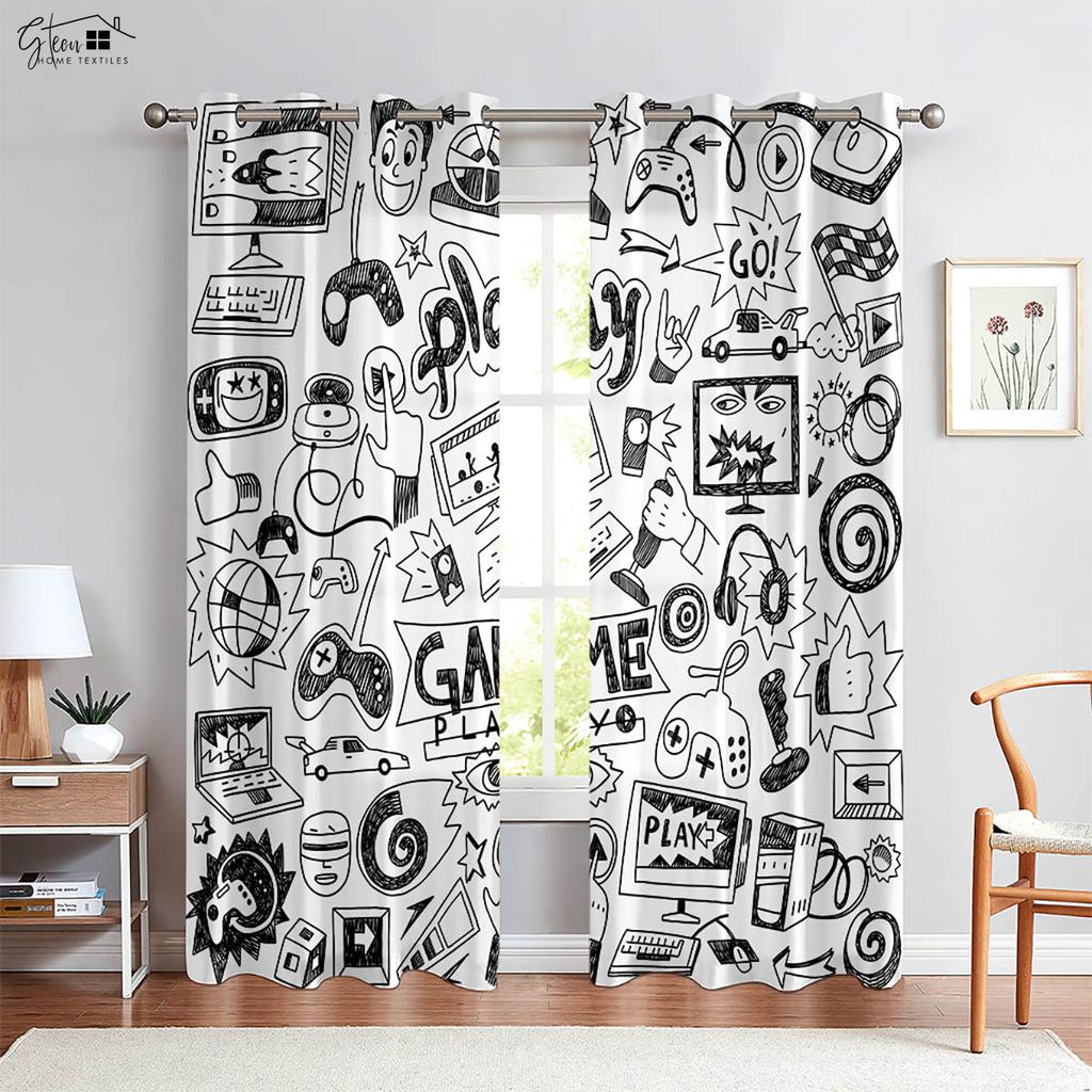 Cool Game Controller Printed Curtains Suitable For Children's Room Bedroom Game Room E-Sports Room Decorative Curtains 2 Pieces