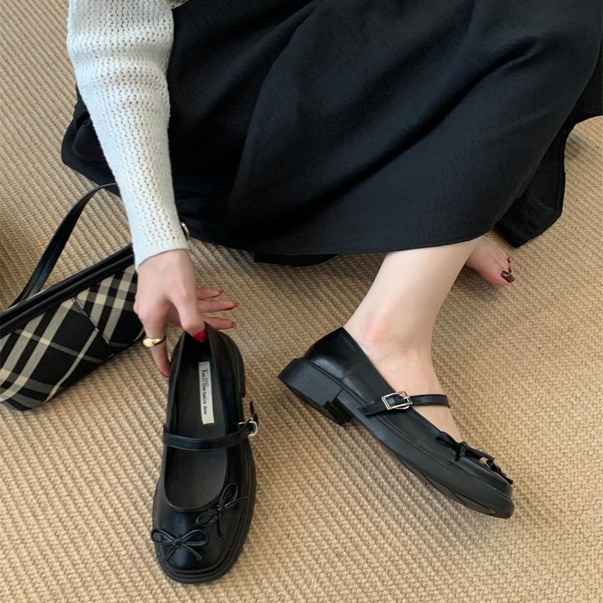 French retro college style small leather shoes bow girl Mary Jane shoes summer platform with skirt thick heel single shoes