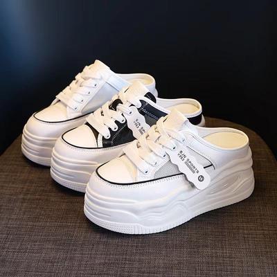 Zapatillas de casa de malla casual para mujer, verano, nuevas, con plataforma gruesa, para aumentar la altura, zapatillas de media punta con suela de 'muffin' pequeña para mujer