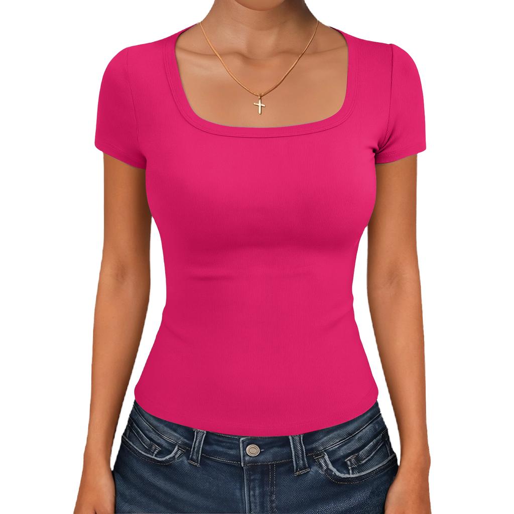 Dámske módne základné štvorcový výstrih krátky rukáv tričko top