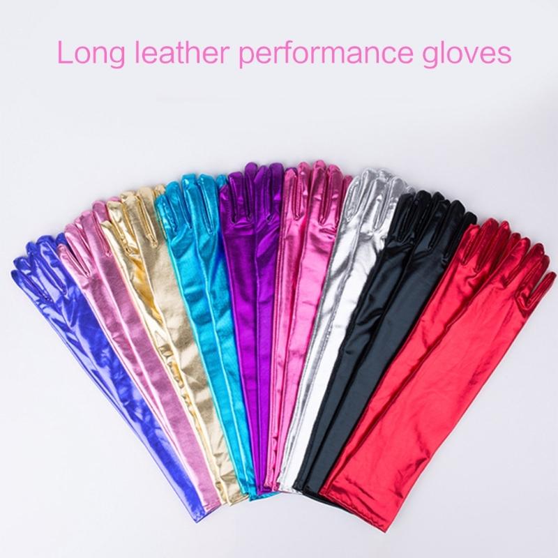 Women Faux Leather Sparkly Metallic Long Gloves for Evening Costume Party Dance