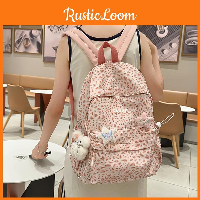 Fashion Pattern Leopard Student Backpack With Plush Pendant For Daily Use