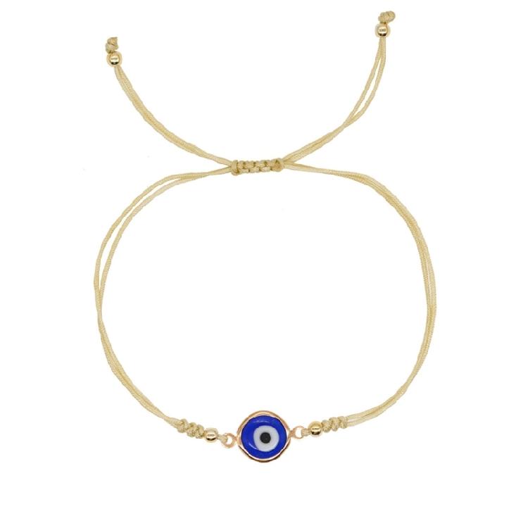Bohemian Evil Eyes Glass Bead Bracelet Gold Accented Adjustable Cord Wristchain Jewelry For Everyday Wear