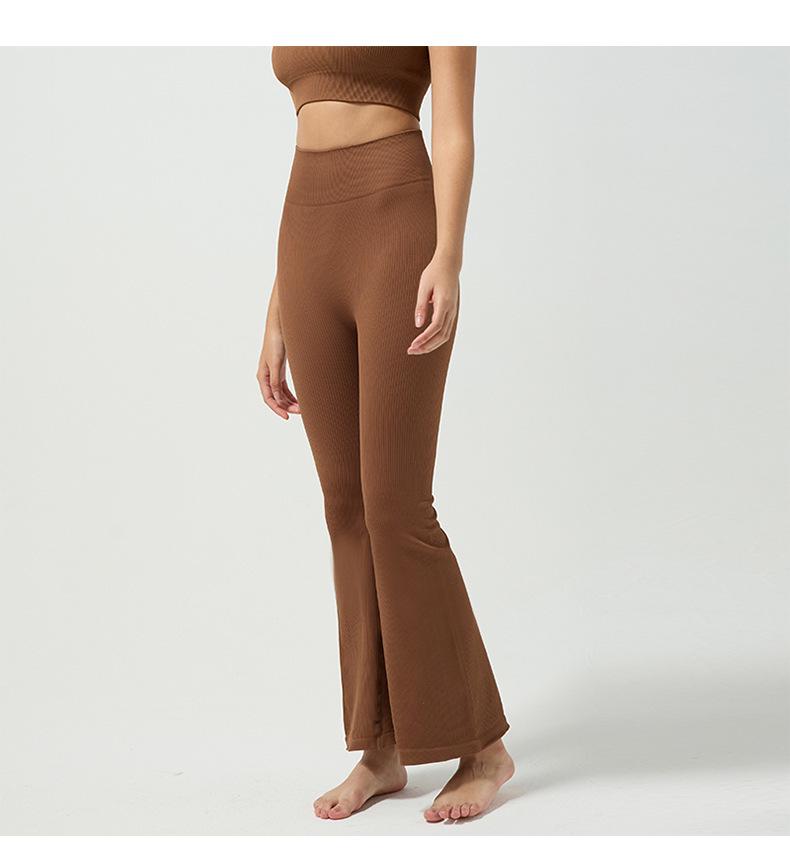 High-Waisted Women's Seamless Ribbed Yoga Flare Pants with Tummy Control