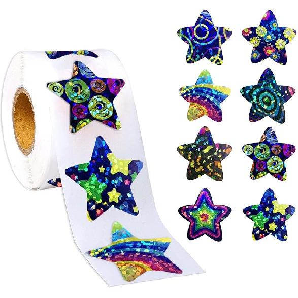 500 Pcs Holographic Star Stickers Roll Rainbow Design Label Stickers 1 Inch Star Decorative Labels Self Adhesive Cute Roll Decals Envelope Seals