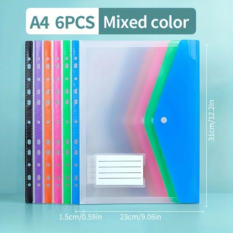 6/12pc A4 Large Capacity Loose Leaf Folders with 11 Hole Binding Rings, Modern PP Material, Expandable Buttons and Label Pockets