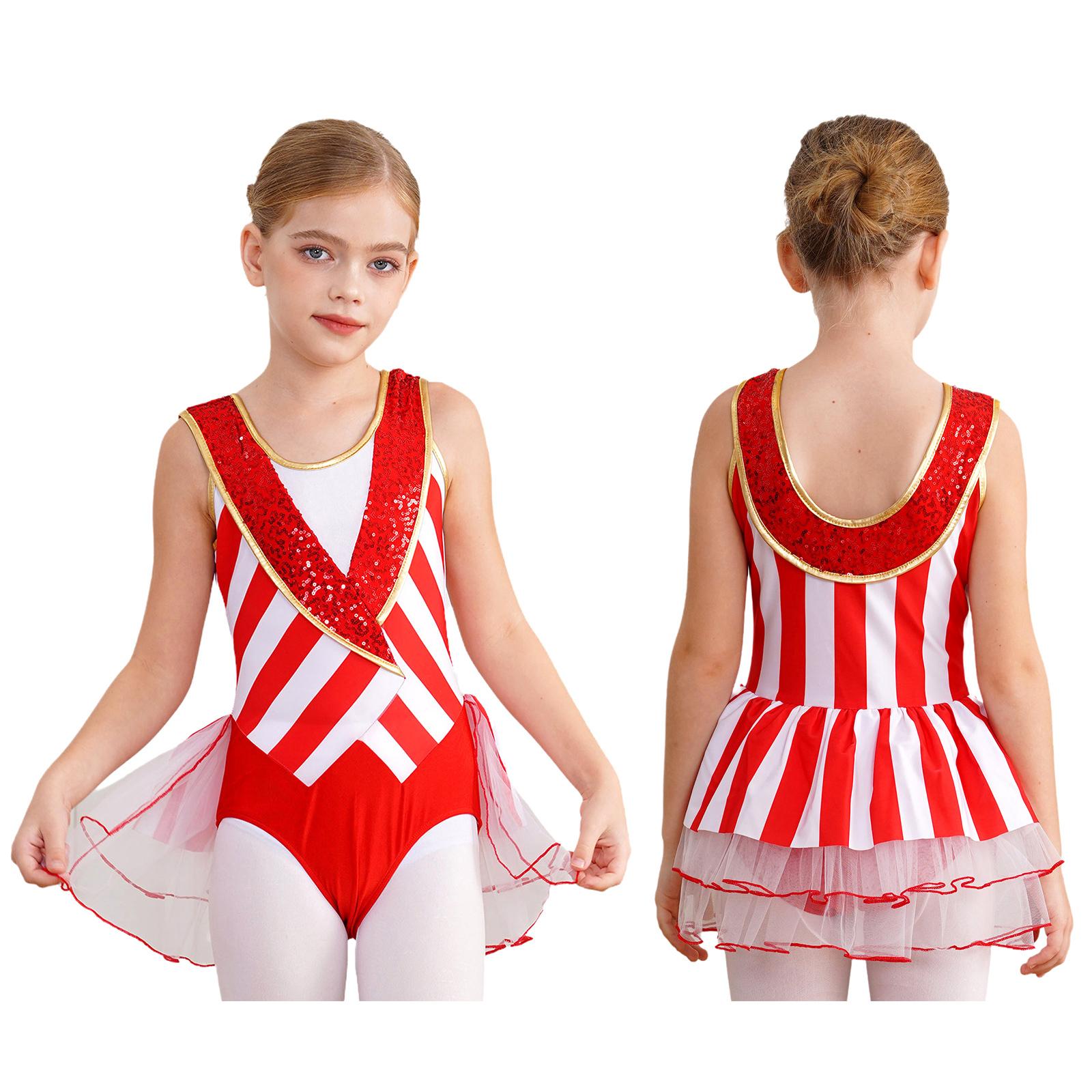 

Рождественский костюм для косплея, танцевальный костюм в полоску с пайетками для девочек, балетный гимнастический купальник, пачка, платье 3-4 Years красный