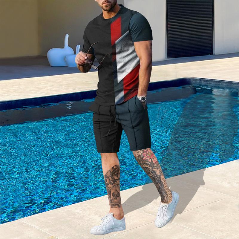 Plus Size Men's Summer Suit Round Neck Short Sleeved Shorts 3D Printed Loose Men's Casual Sports Set