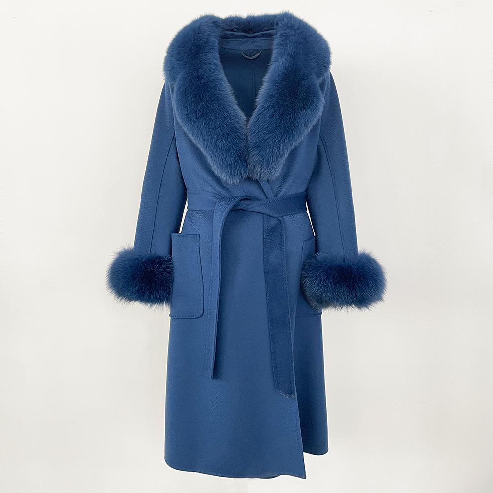 MENINA New  Autumn Winter Fashion 100% Wool Water-Corrugated Woolen Coat with Detachable Fox Fur Collar Women Daily Casual Wear