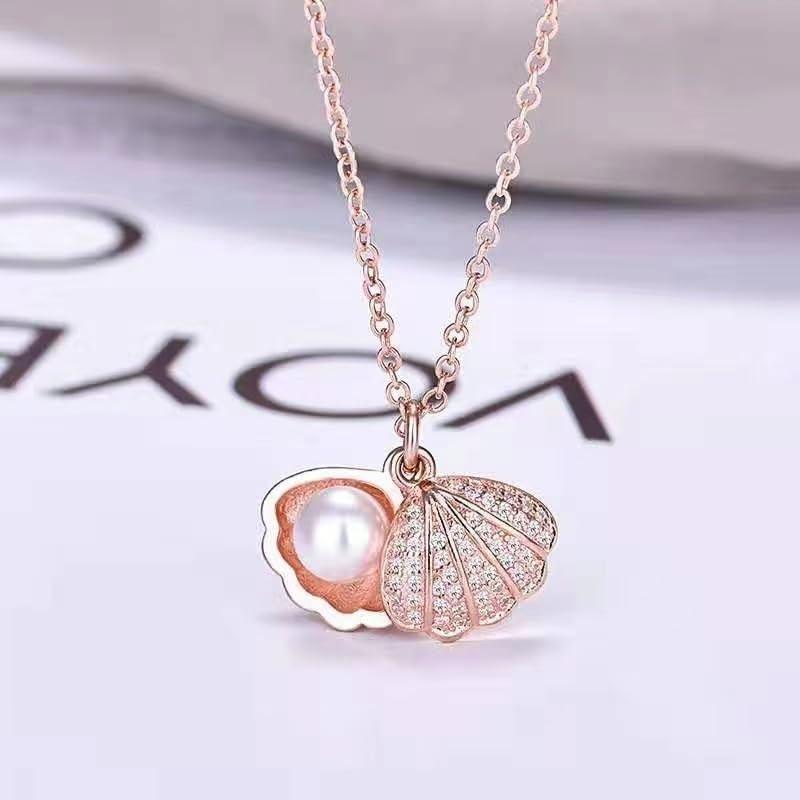 Ciondolo Per Ragazze Donne Signore Fidanzata Moglie Collana di Perle di Conchiglia Moti ciondolo catena lunga Oro rosa Collana di Conchiglie