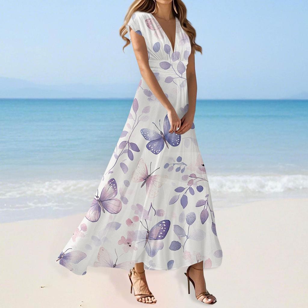 Boho Dress For Women Casual Loose Fit Summer Sundress Floral Print Dress With Pocket