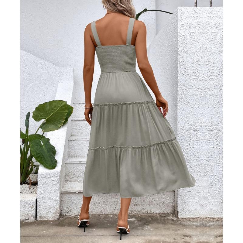 VEZFAA Kvinnemote Sommer Vår Ensfarget Print Ermeløse seler Høy midje Uformelle kjoler