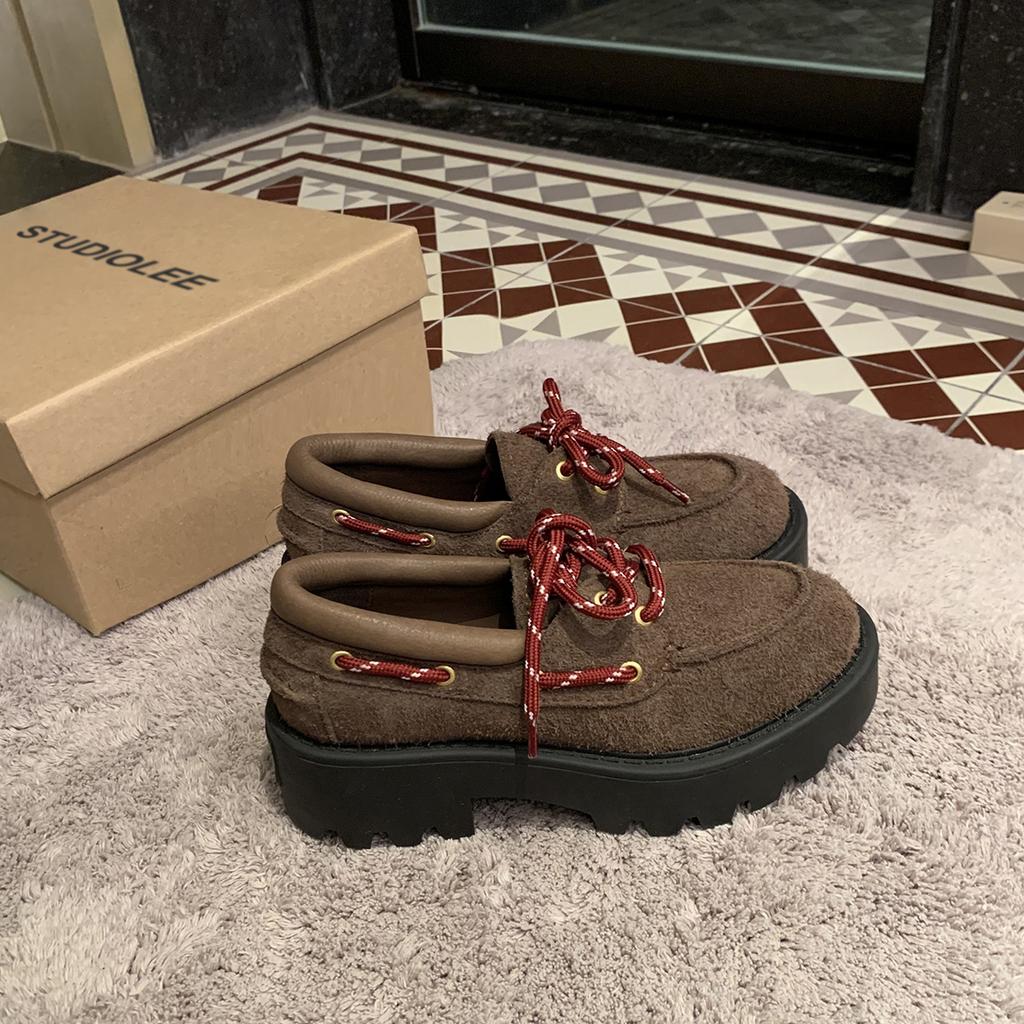 Cowhide Internet celebrities with the same miu retro leather lace-up thick heel heightening lazy loafer single shoes women's small leather shoes